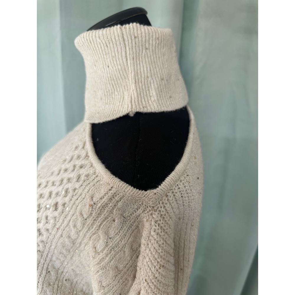 Sofia Vergara Knit Sweater Sparkle Sequins Mock‎ Neck Open Shoulder Cream XL - Picture 4 of 6